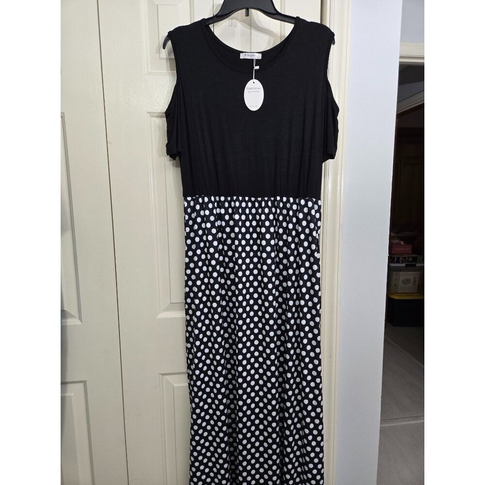 Black & White Polka Dot Cold Shoulder Maxi Dress Womens XL By Kancystore